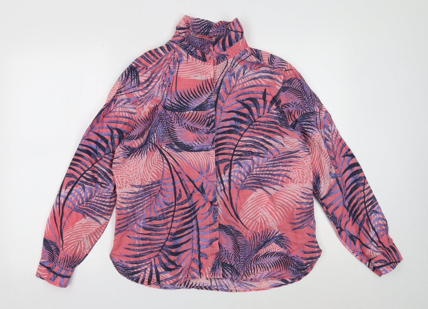 Marks and Spencer Womens Multicoloured Geometric Linen Basic Button-Up Size 14 Collared - Leaf Pattern