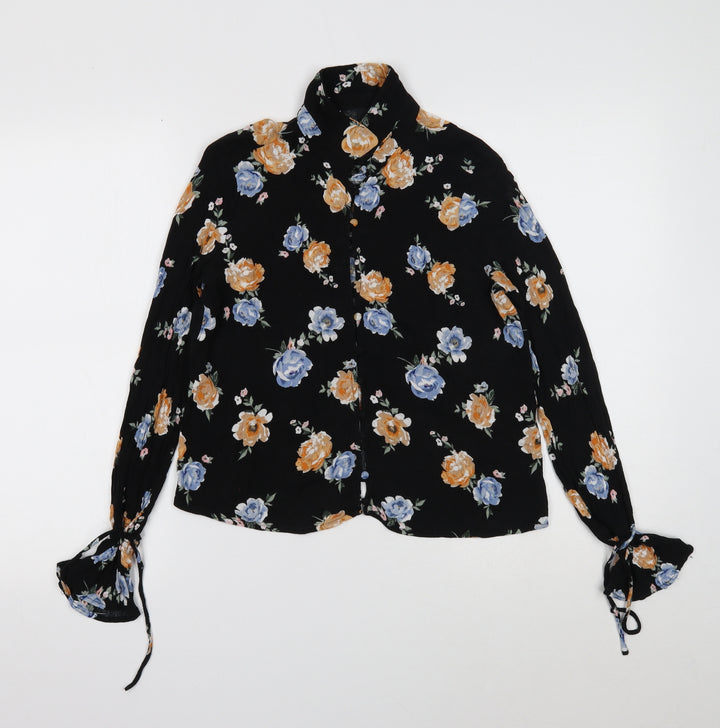Divided Womens Black Floral Viscose Basic Blouse Size 10 Collared