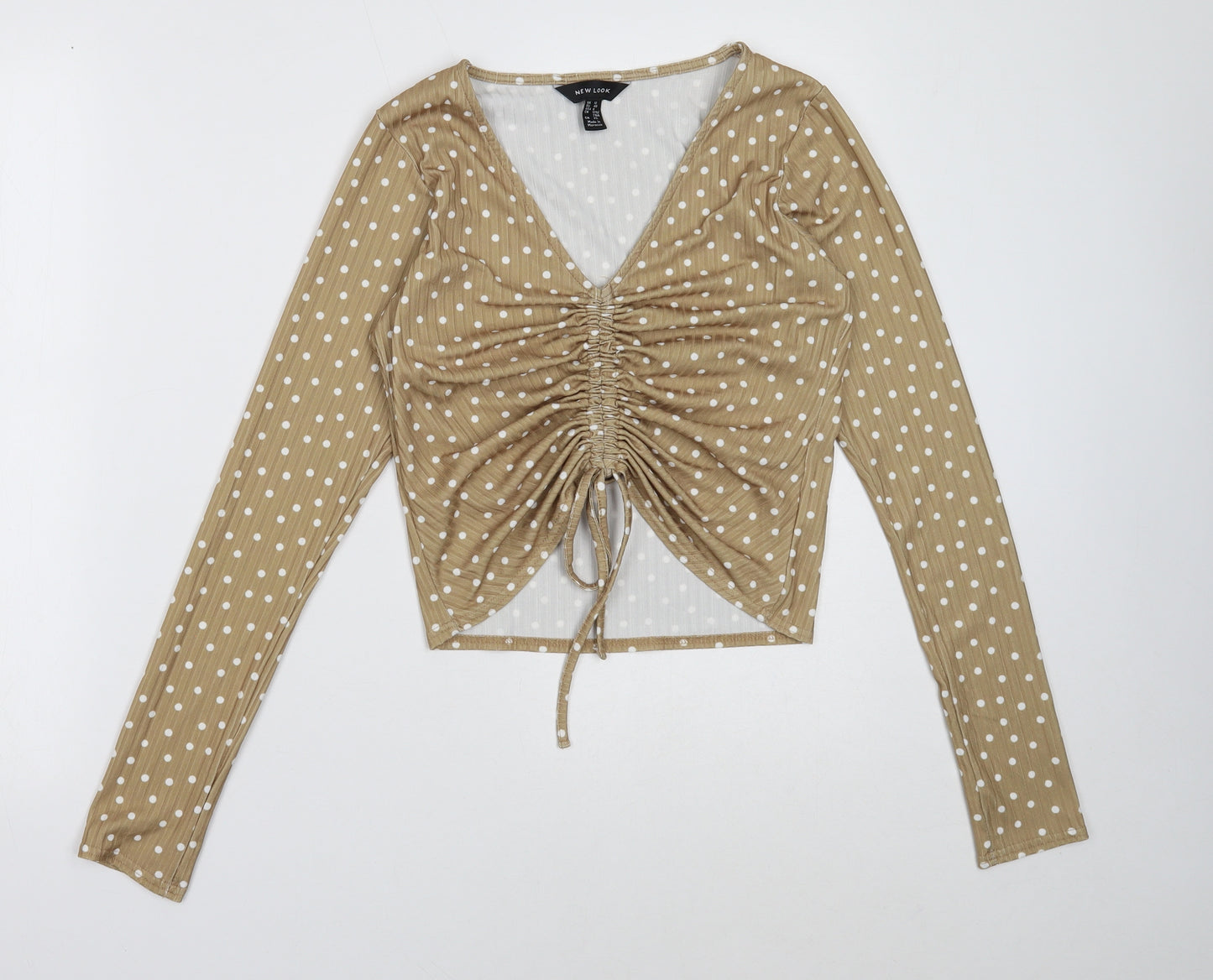 New Look Womens Gold Polka Dot Polyester Cropped Blouse Size 12 V-Neck - Ruched