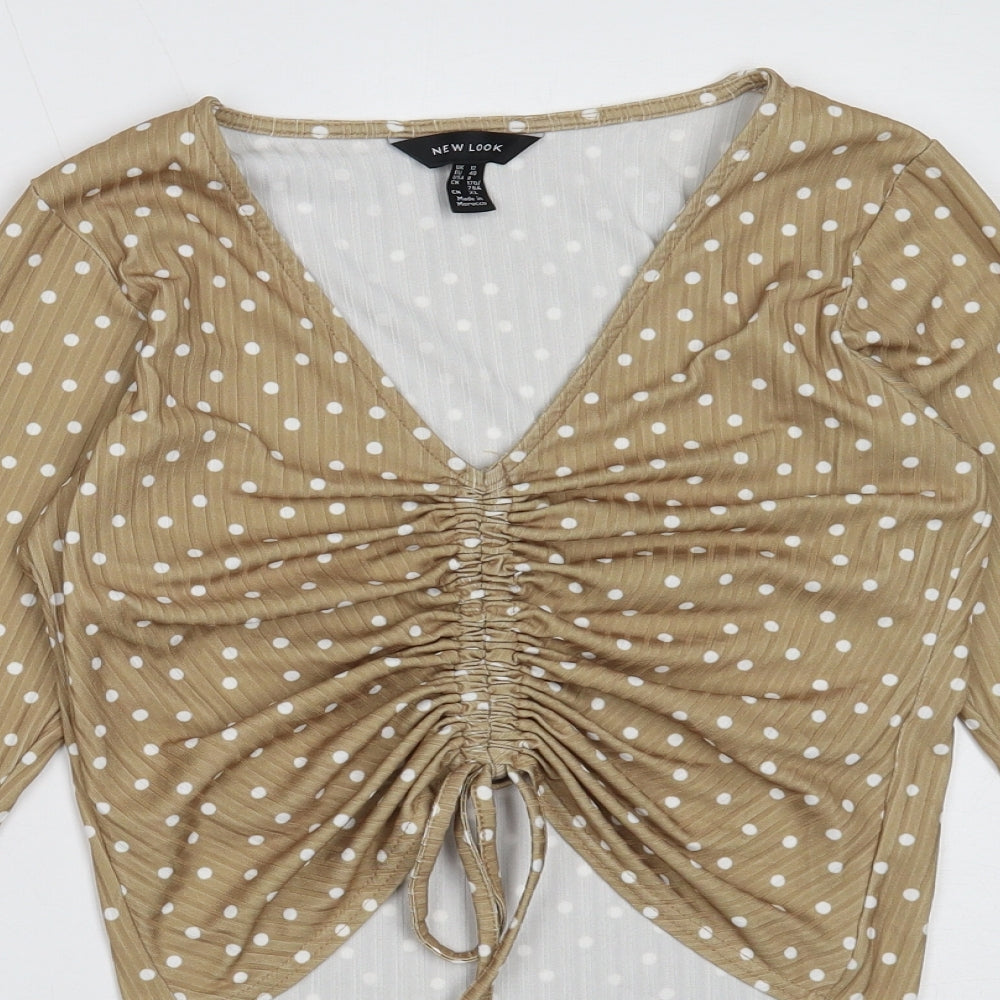 New Look Womens Gold Polka Dot Polyester Cropped Blouse Size 12 V-Neck - Ruched
