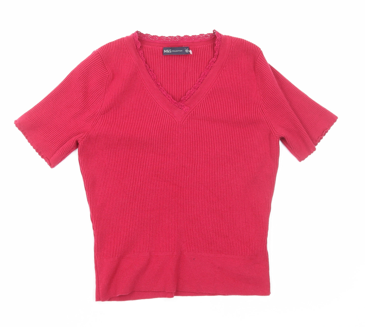 Marks and Spencer Womens Pink Acrylic Basic T-Shirt Size 14 V-Neck