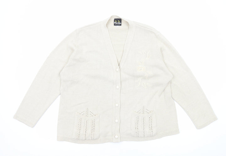 Florida Womens Beige V-Neck Acrylic Cardigan Jumper Size L