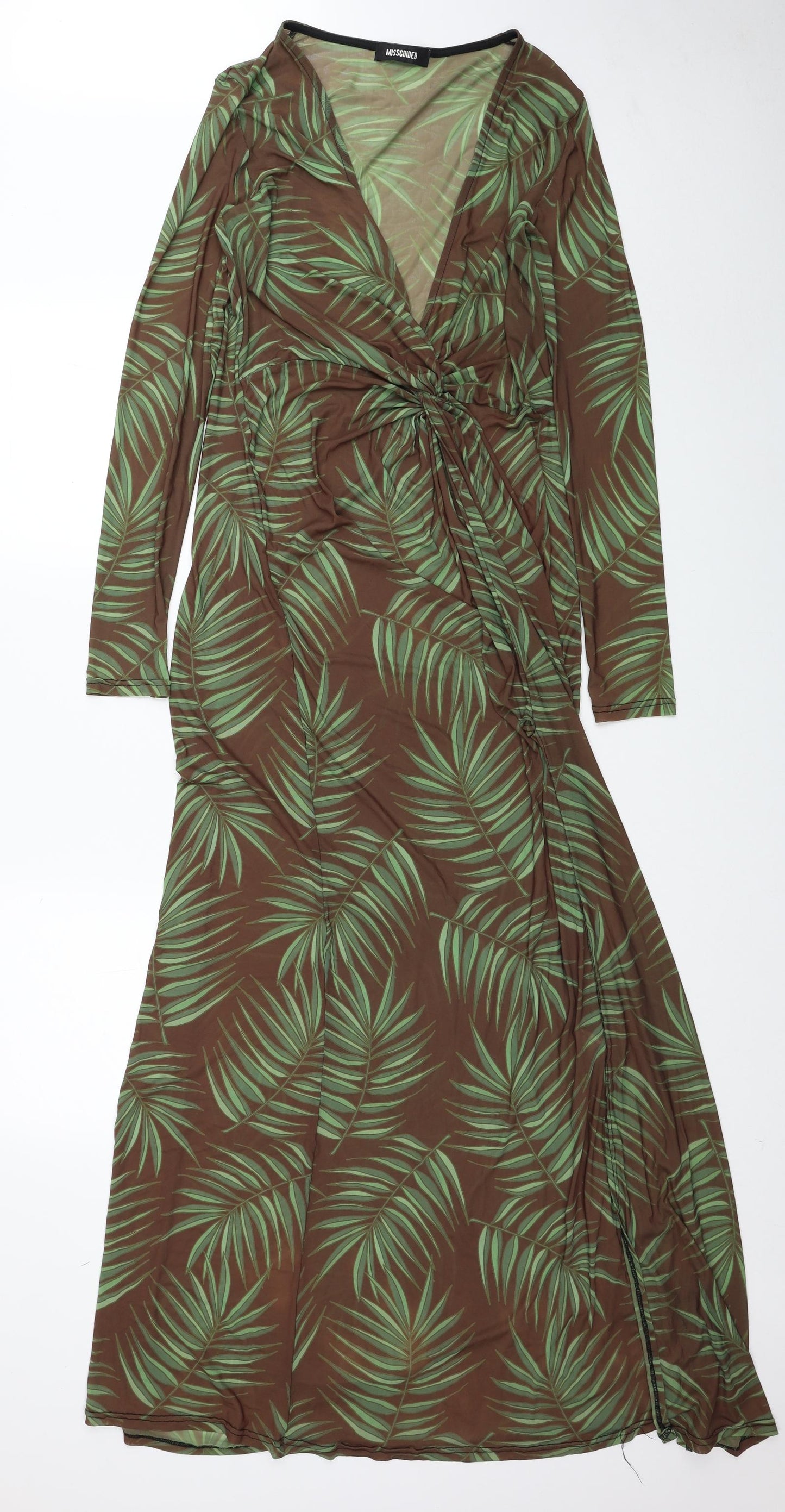 Missguided Womens Brown Floral Polyester Wrap Dress Size 12 V-Neck Tie