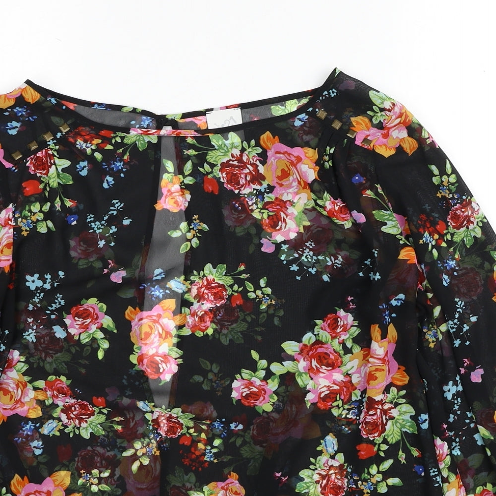 George Womens Black Floral Polyester Basic Blouse Size 10 Boat Neck