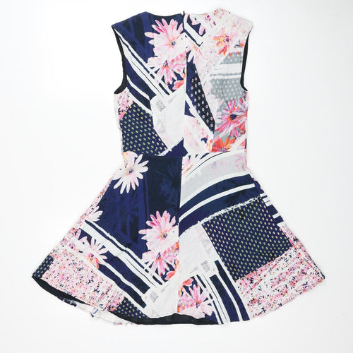 French Connection Womens Multicoloured Geometric Viscose Fit & Flare Size 6 Boat Neck Zip