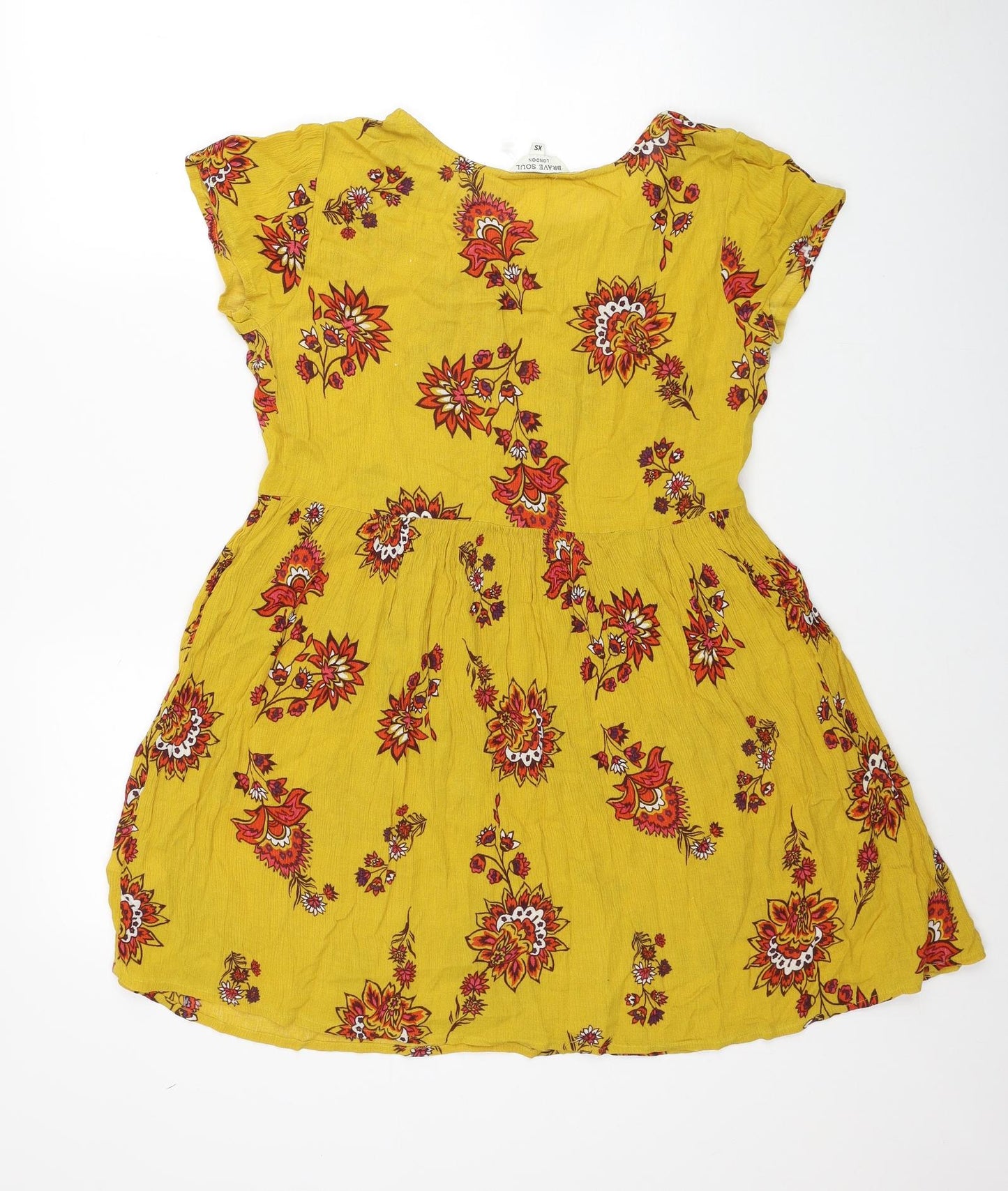 Brave Soul Womens Yellow Floral Viscose Mini Size XS Boat Neck Pullover