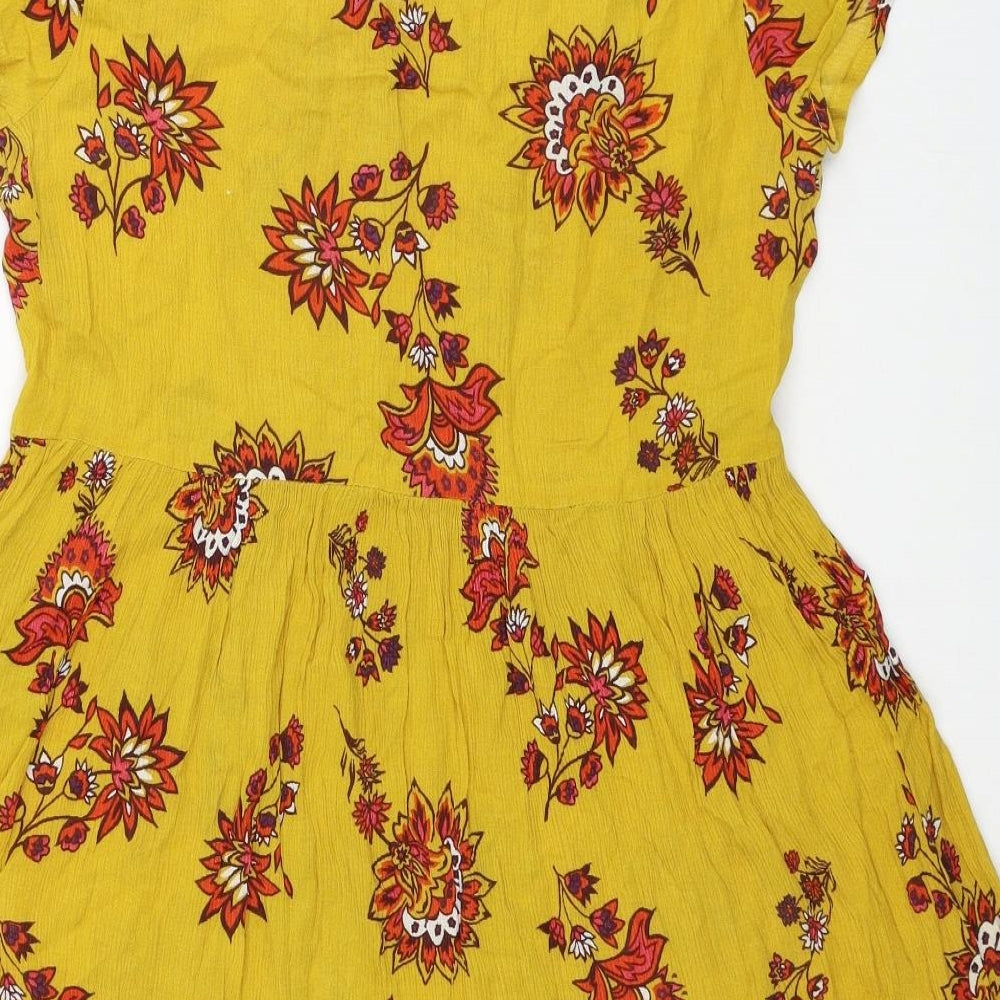 Brave Soul Womens Yellow Floral Viscose Mini Size XS Boat Neck Pullover