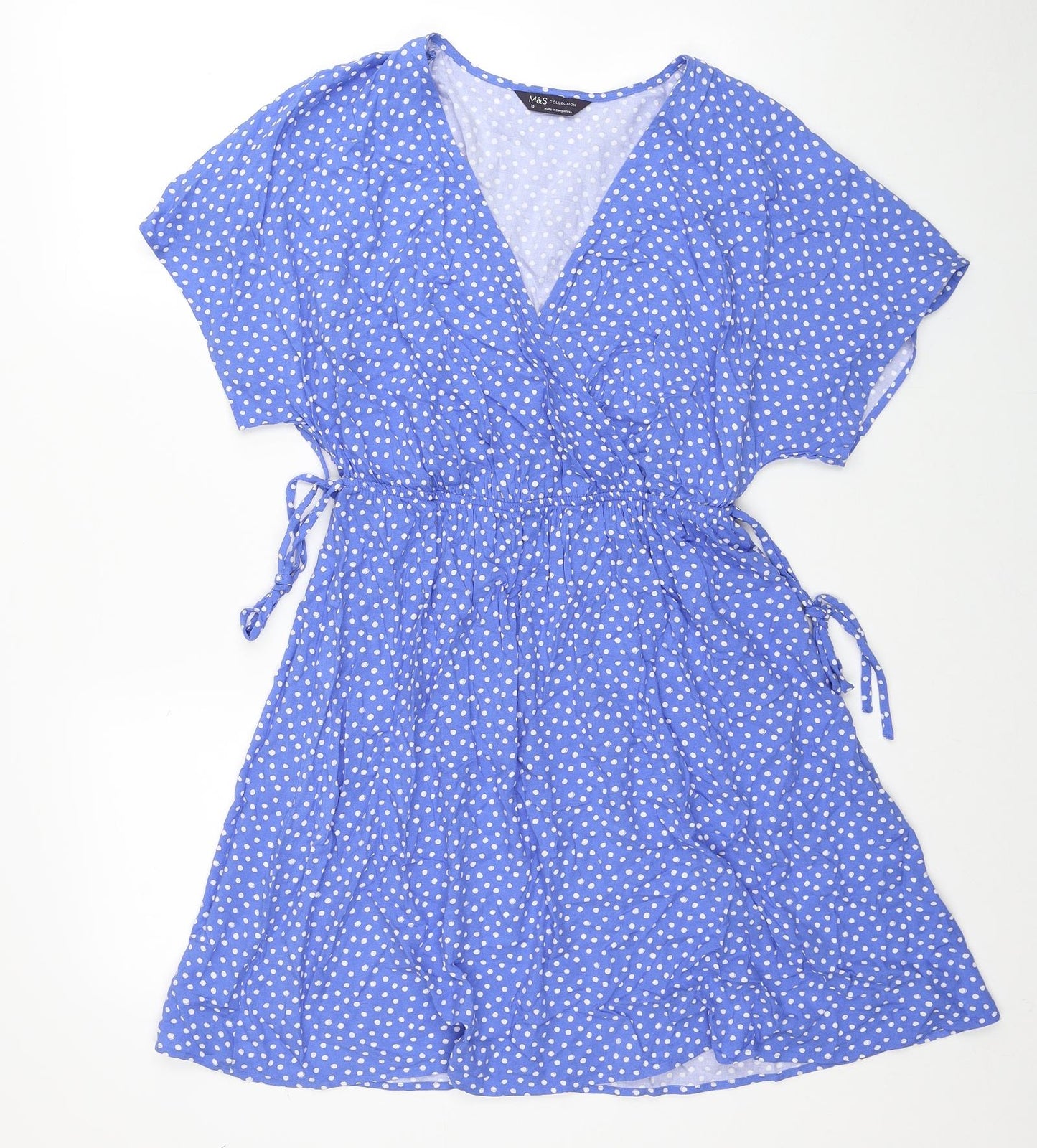 Marks and Spencer Womens Blue Polka Dot Viscose Fit & Flare Size 10 V-Neck Pullover