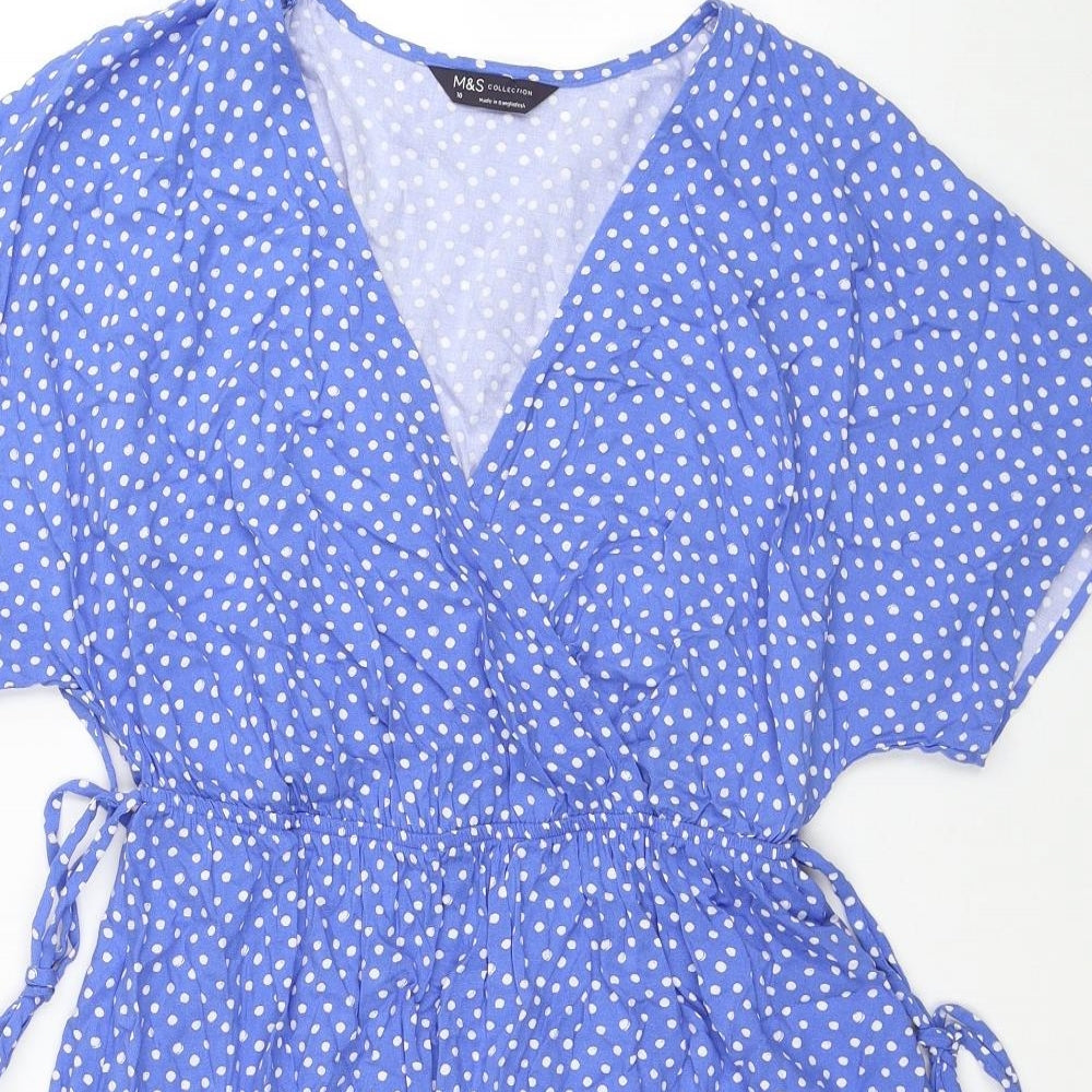 Marks and Spencer Womens Blue Polka Dot Viscose Fit & Flare Size 10 V-Neck Pullover