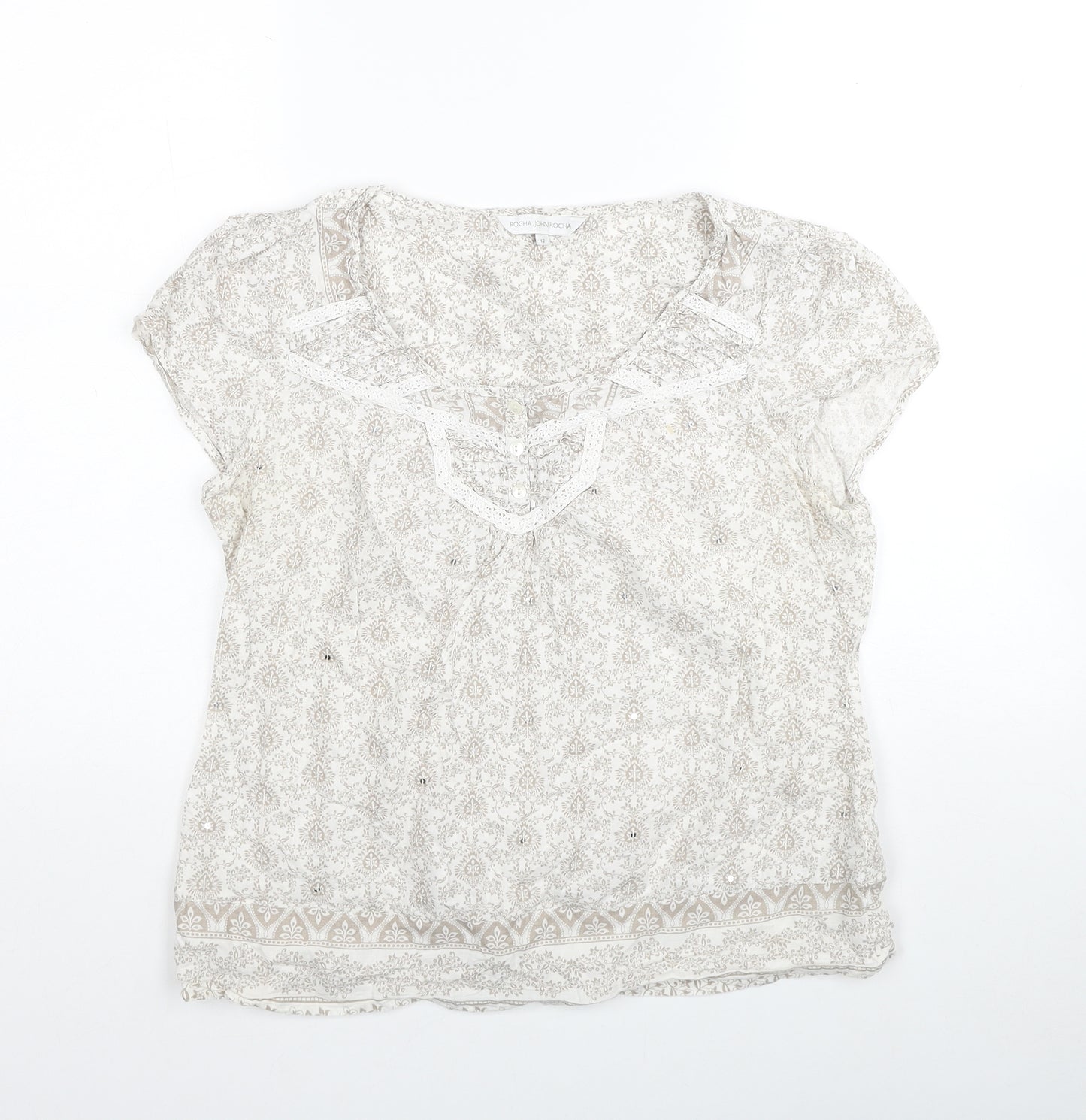 RJR.John Rocha Womens Beige Geometric Cotton Basic Blouse Size 12 Scoop Neck