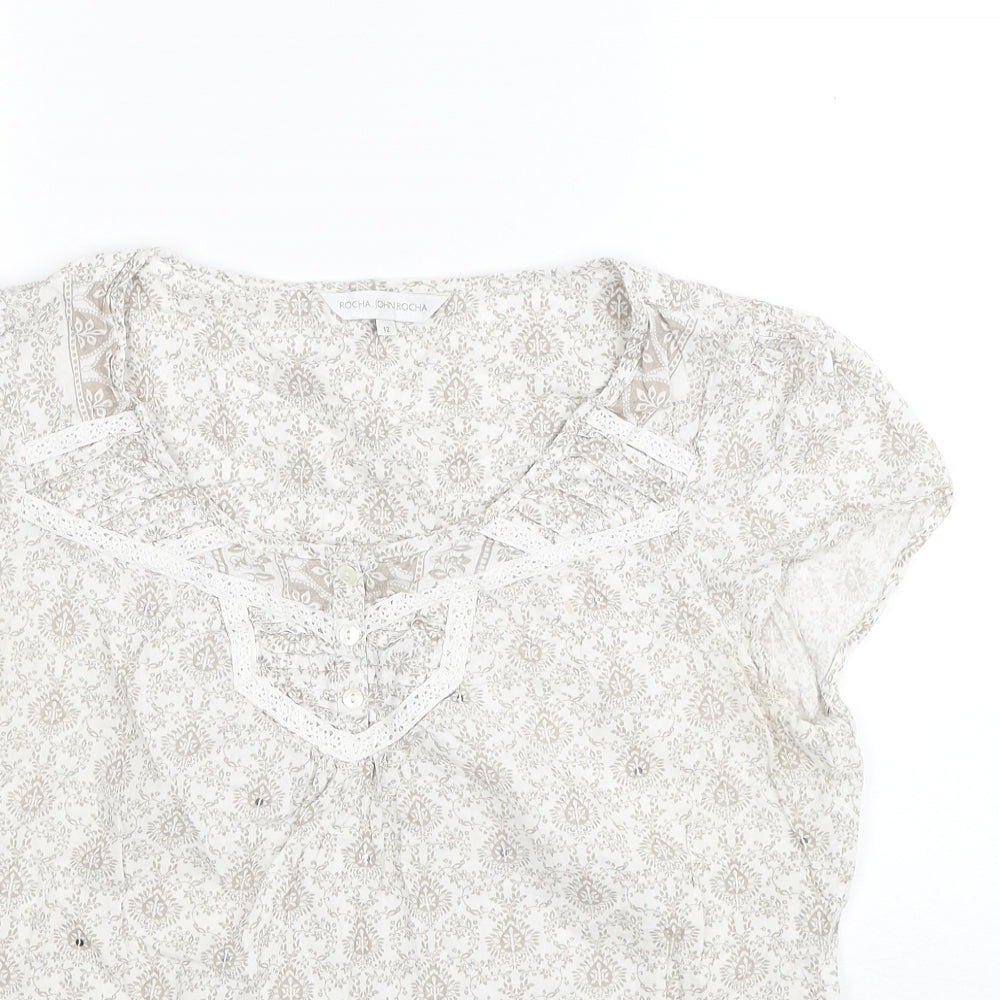 RJR.John Rocha Womens Beige Geometric Cotton Basic Blouse Size 12 Scoop Neck