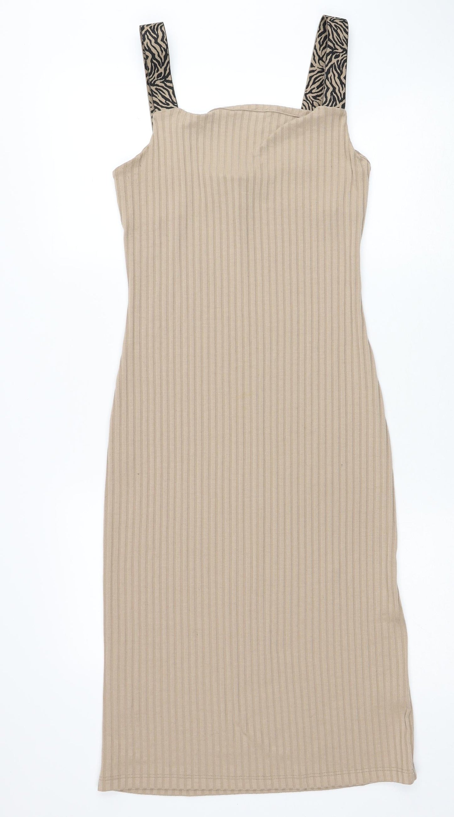 River Island Womens Beige Polyester Jumper Dress Size 10 Square Neck Pullover - Ribbed