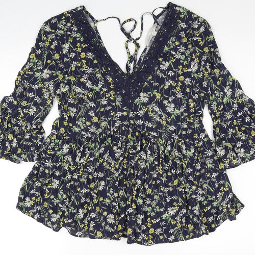 F&F Womens Blue Floral Viscose Basic Blouse Size 6 V-Neck
