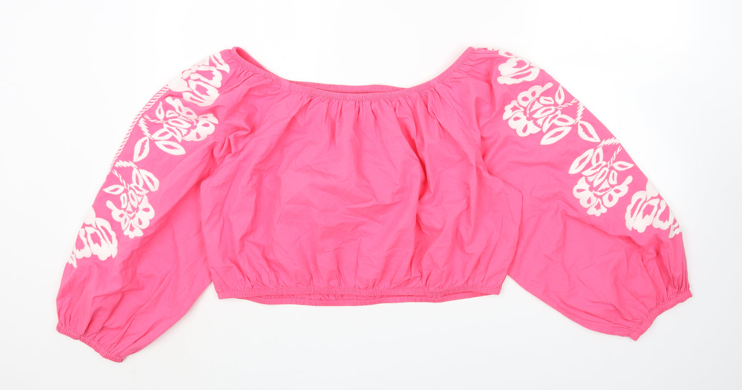 Marks and Spencer Womens Pink Cotton Cropped Blouse Size 20 Boat Neck - Flower Detail