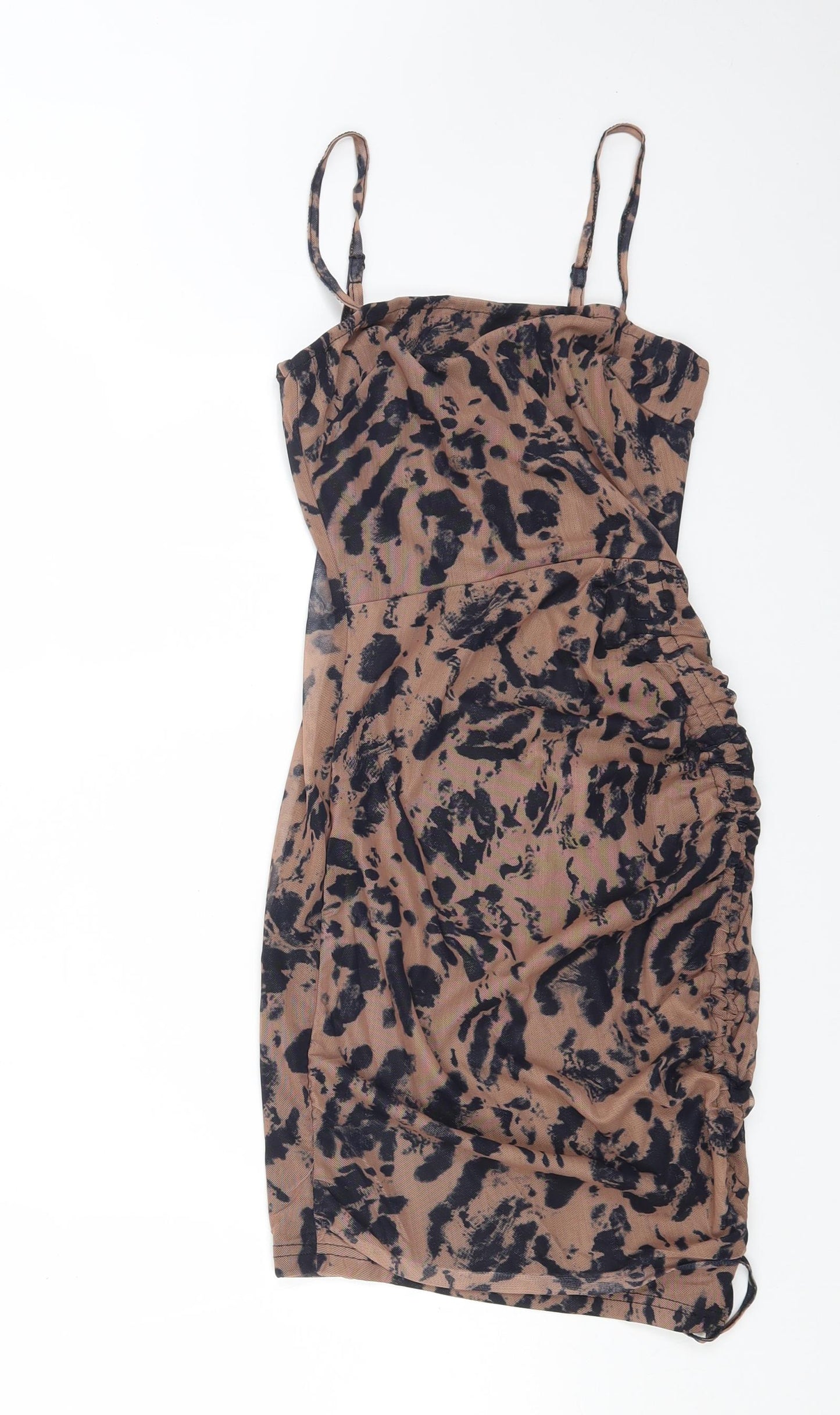 Mana Womens Brown Animal Print Polyester Mini Size 6 Square Neck Pullover