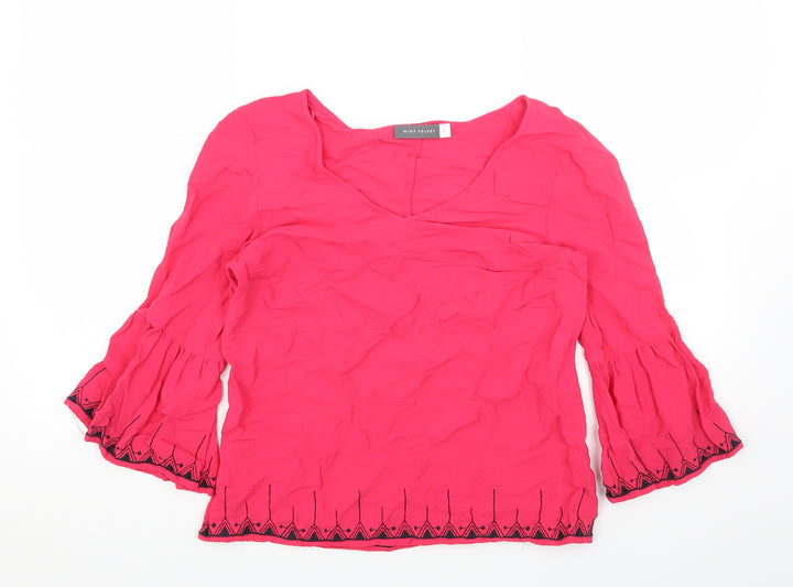 Mint Velvet Womens Pink Geometric Viscose Basic Blouse Size 8 V-Neck