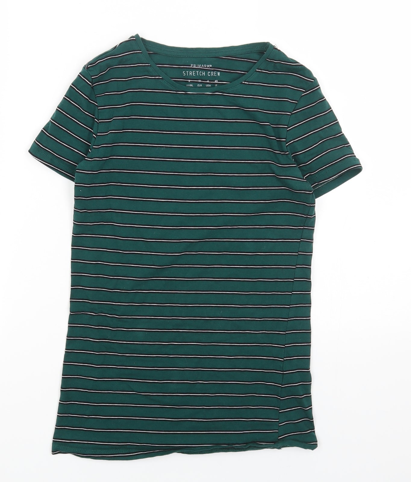 Primark Womens Green Striped Cotton Basic T-Shirt Size 8 Round Neck