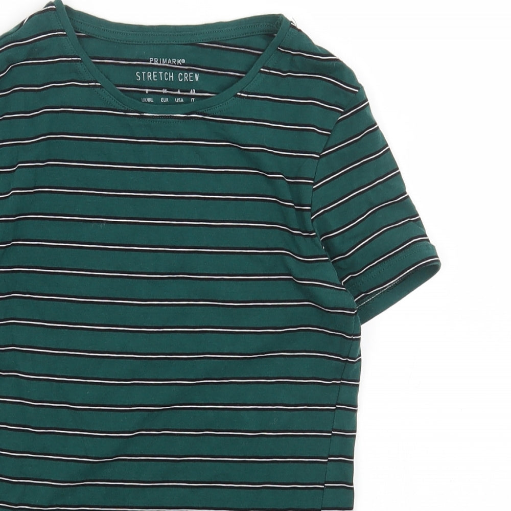 Primark Womens Green Striped Cotton Basic T-Shirt Size 8 Round Neck