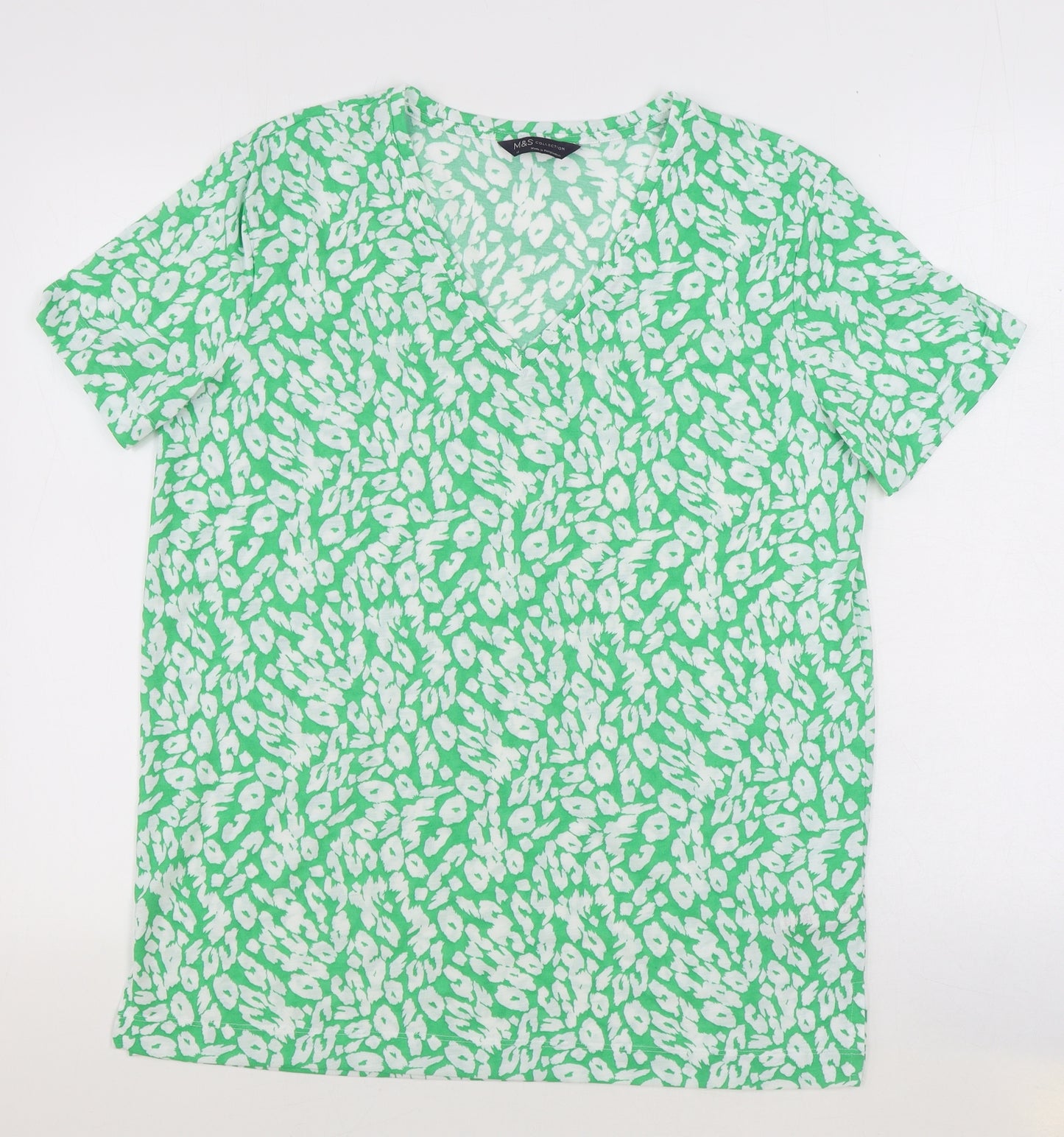 Marks and Spencer Womens Green Animal Print Polyester Basic T-Shirt Size 12 V-Neck - Leopard Print