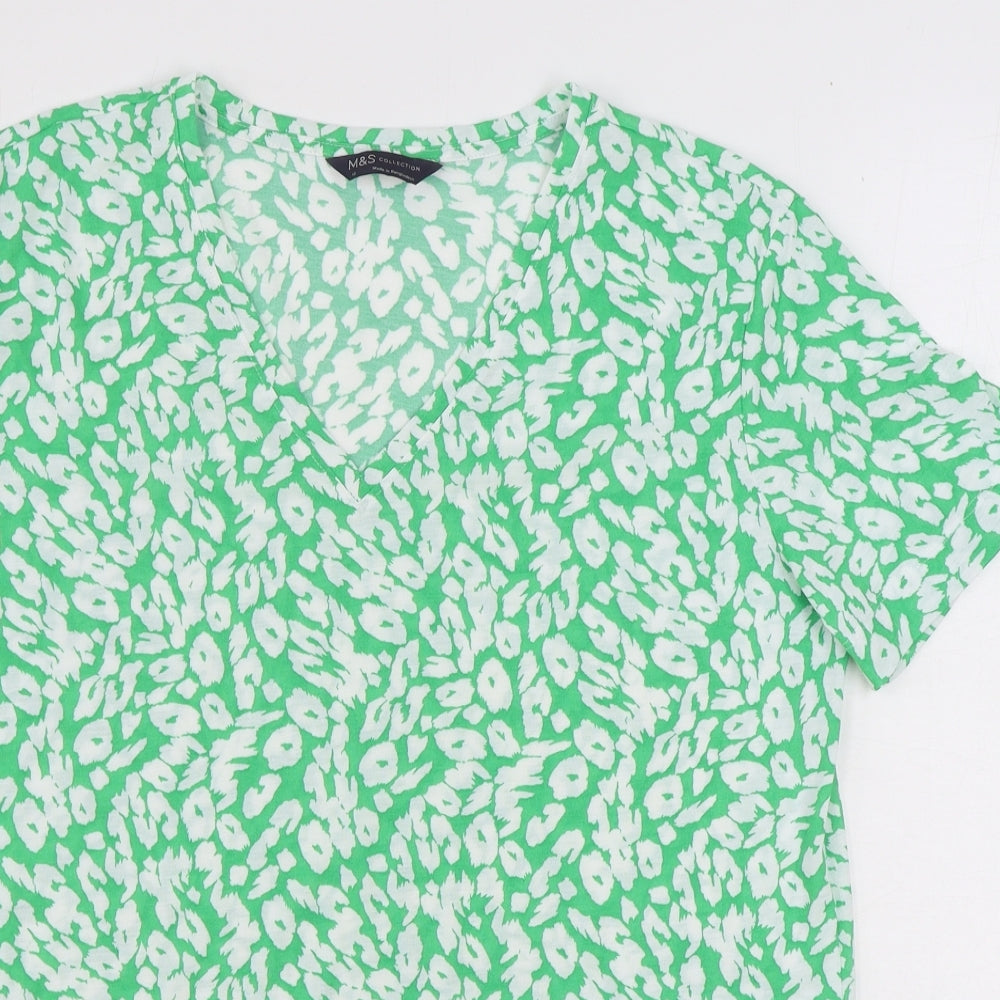 Marks and Spencer Womens Green Animal Print Polyester Basic T-Shirt Size 12 V-Neck - Leopard Print