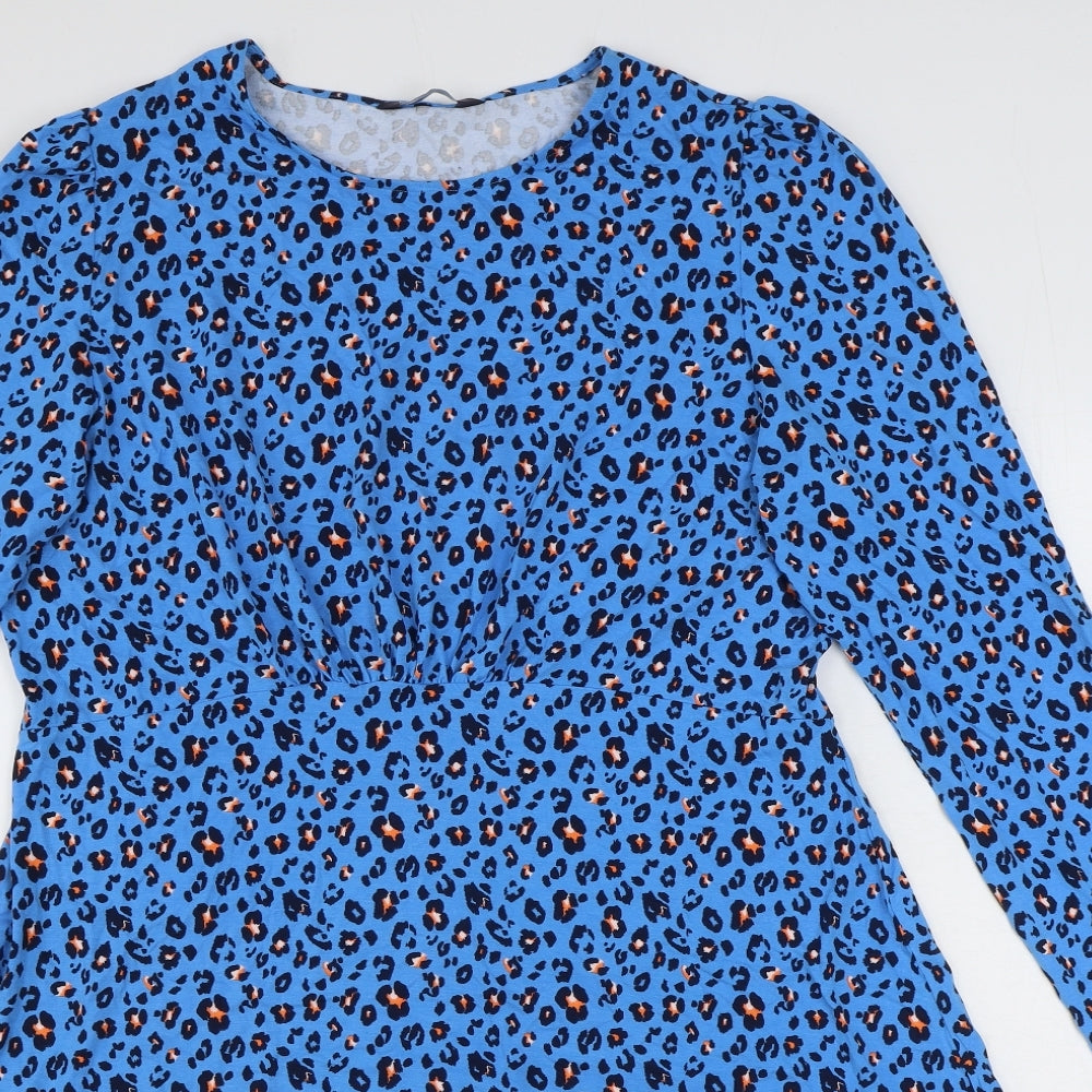 Marks and Spencer Womens Blue Animal Print Viscose T-Shirt Dress Size 16 Round Neck Pullover