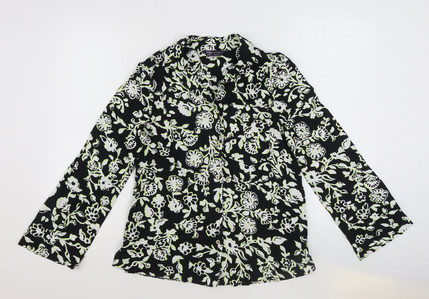 Marks and Spencer Womens Black Floral Viscose Basic Button-Up Size 6 Collared