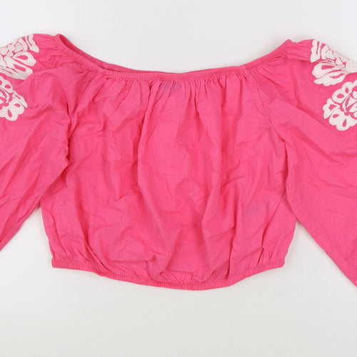 Marks and Spencer Womens Pink Floral 100% Cotton Cropped Blouse Size 16 Off the Shoulder