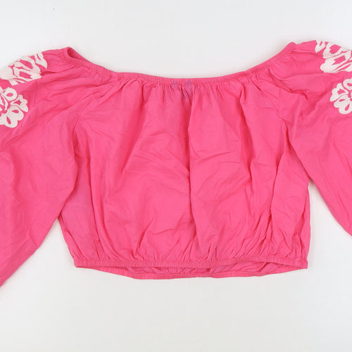 Marks and Spencer Womens Pink Floral 100% Cotton Cropped Blouse Size 16 Off the Shoulder