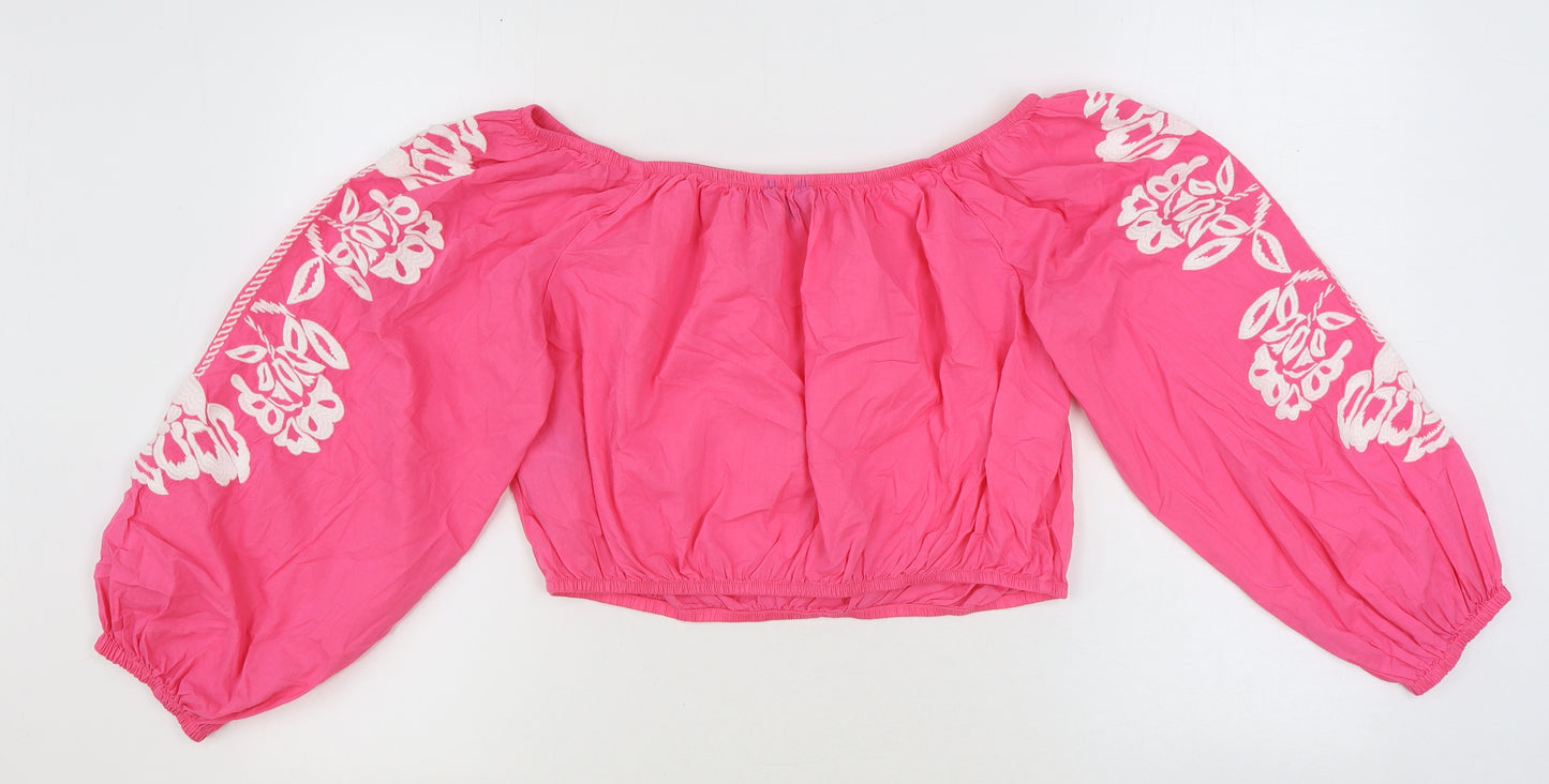 Marks and Spencer Womens Pink Floral 100% Cotton Cropped Blouse Size 16 Off the Shoulder