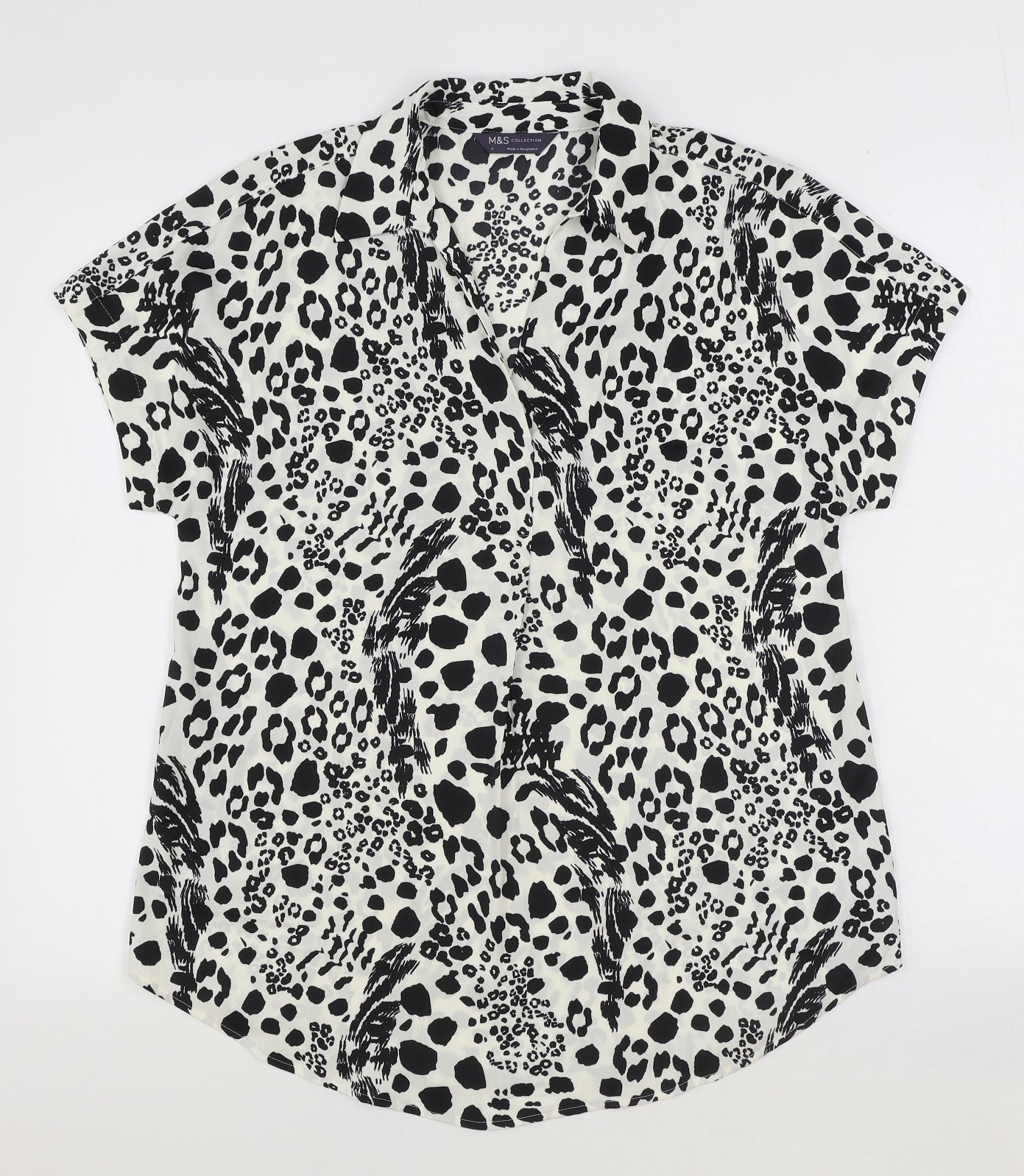 Marks and Spencer Womens Ivory Animal Print Polyester Basic Blouse Size 6 Collared - Leopard Pattern