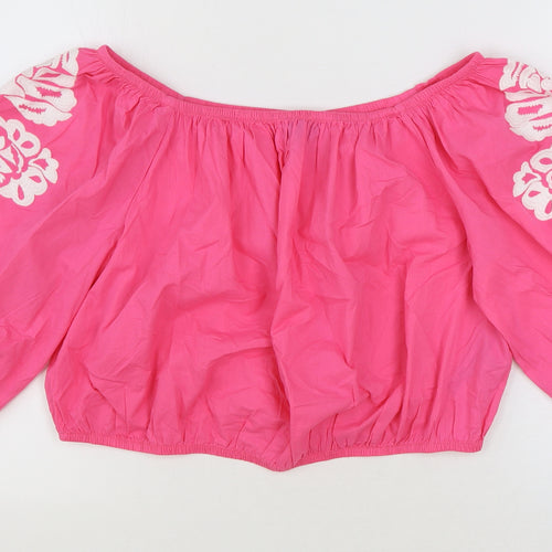Marks and Spencer Womens Pink 100% Cotton Cropped Blouse Size 20 Boat Neck - Flower Detail