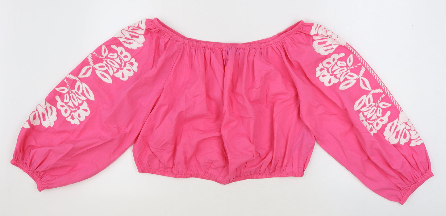 Marks and Spencer Womens Pink 100% Cotton Cropped Blouse Size 20 Boat Neck - Flower Detail
