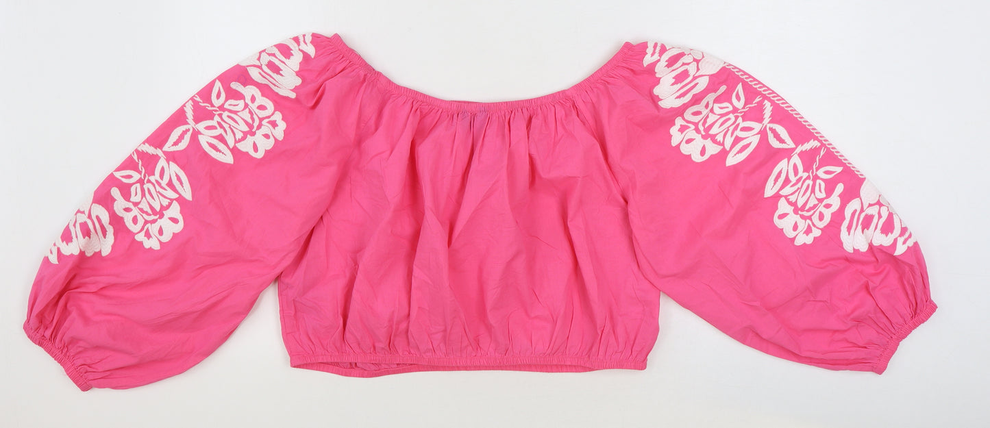 Marks and Spencer Womens Pink 100% Cotton Cropped Blouse Size 20 Boat Neck - Flower Detail