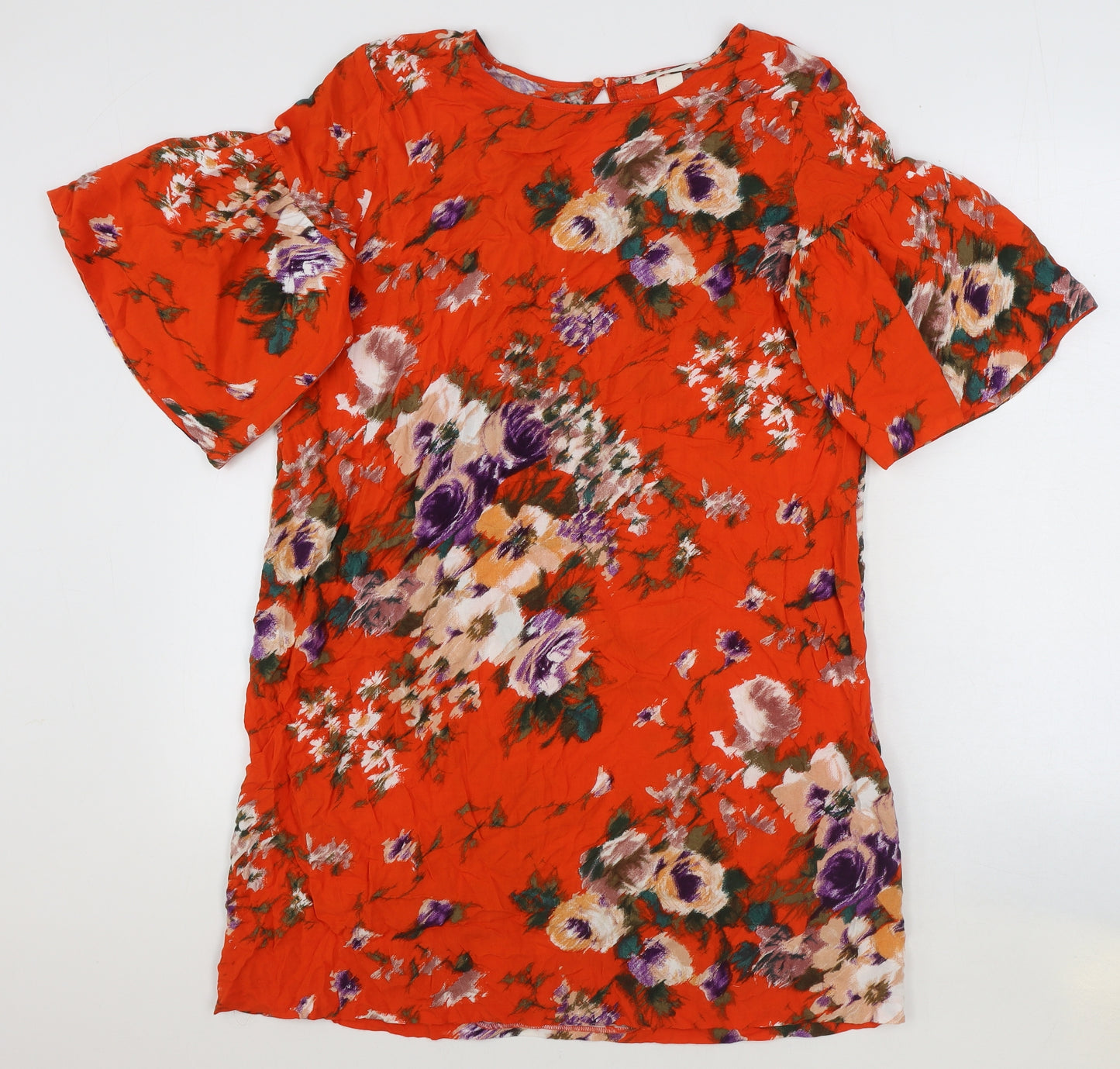 H&M Womens Orange Floral Viscose Shift Size 12 Boat Neck Button