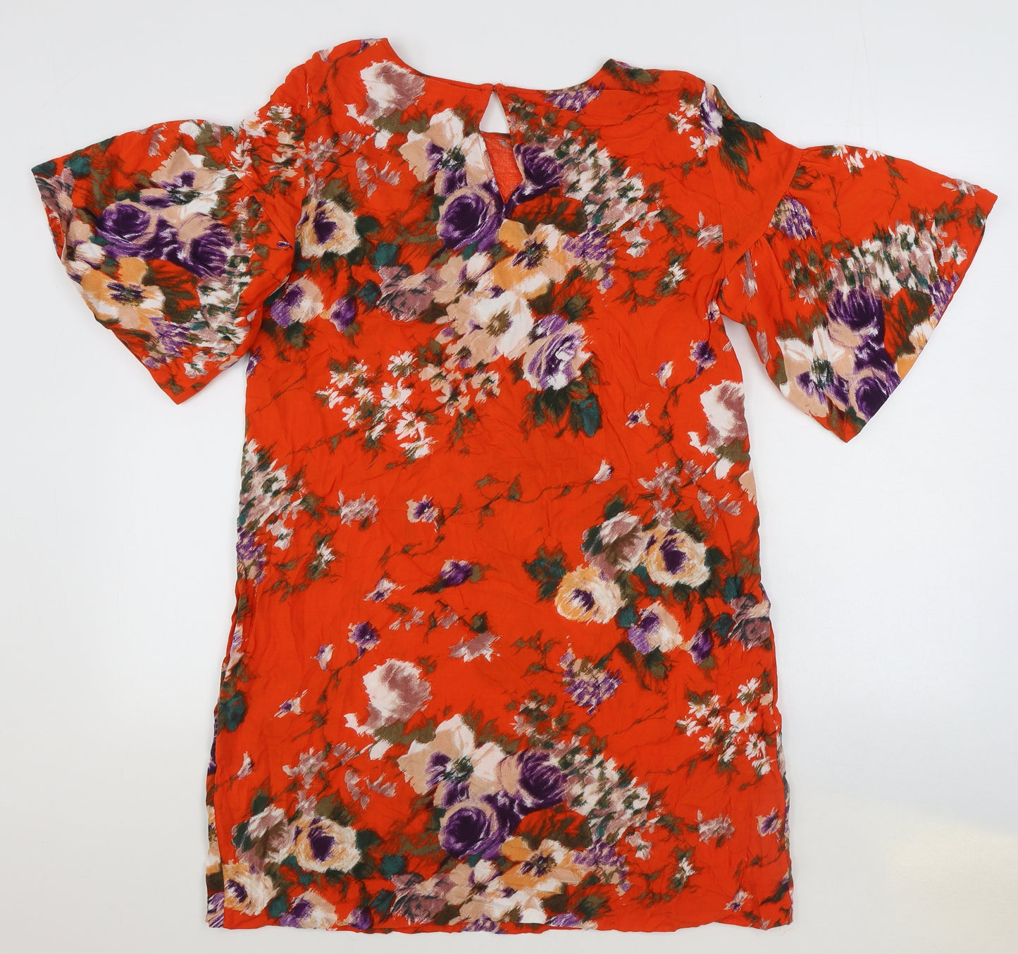 H&M Womens Orange Floral Viscose Shift Size 12 Boat Neck Button