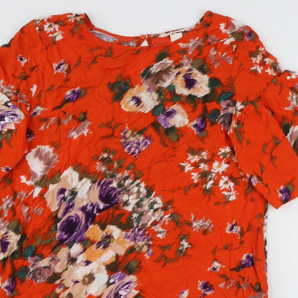 H&M Womens Orange Floral Viscose Shift Size 12 Boat Neck Button