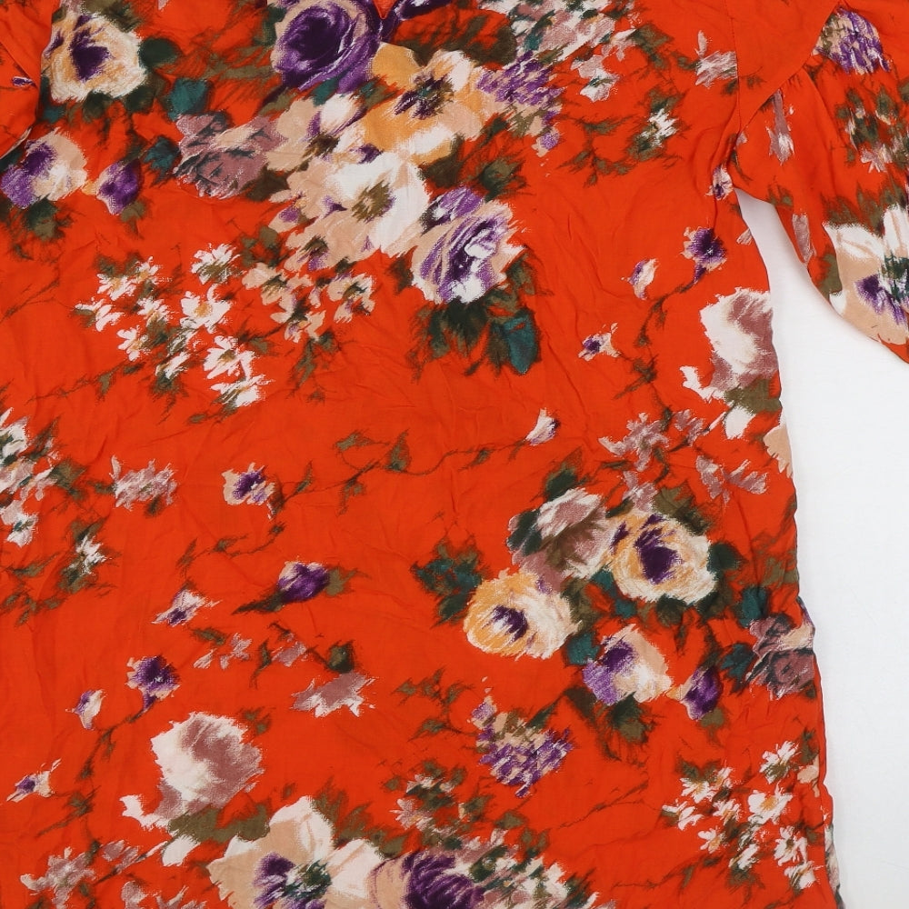 H&M Womens Orange Floral Viscose Shift Size 12 Boat Neck Button