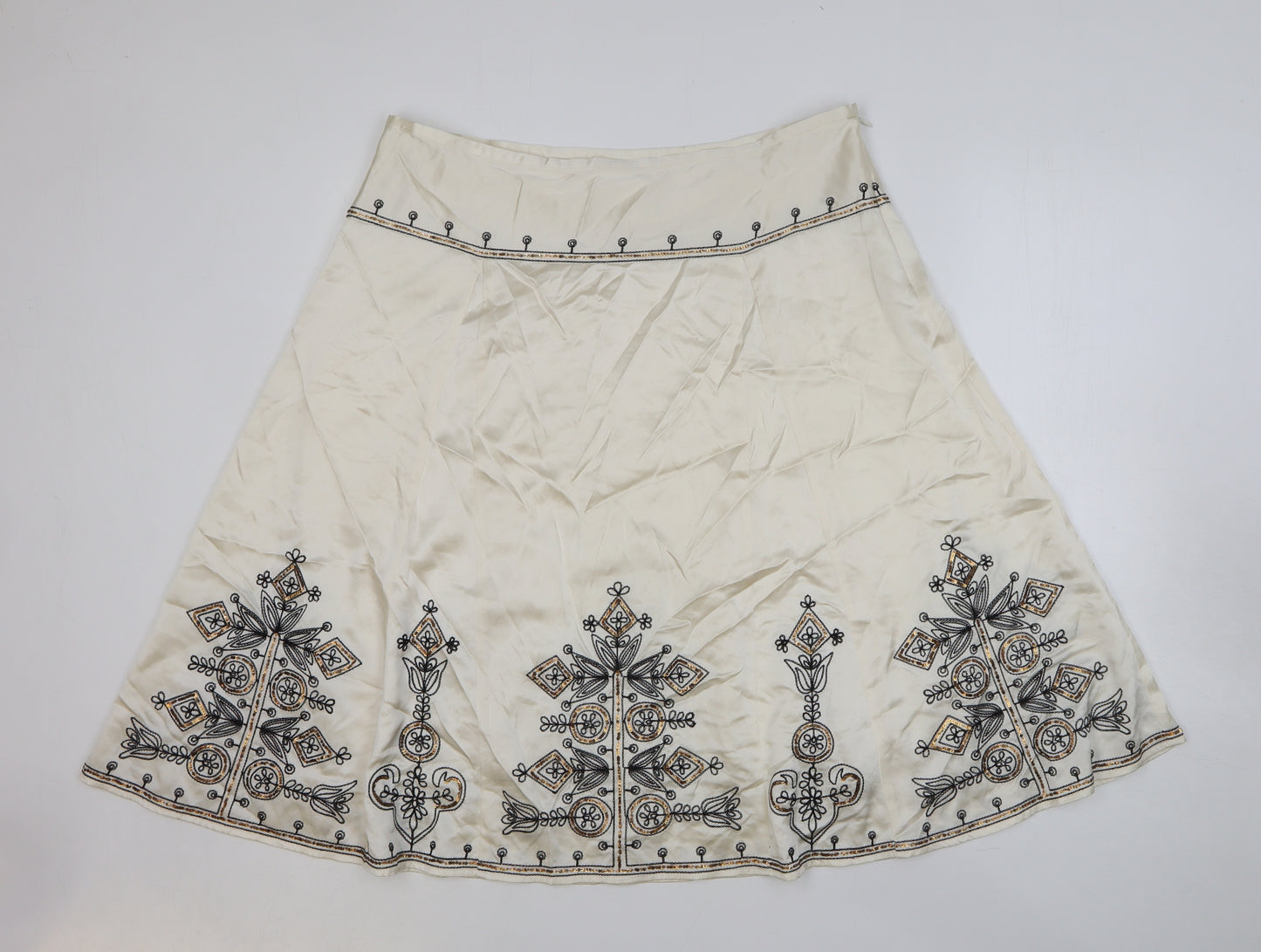 Preworn Womens Beige Geometric Silk Flare Skirt Size 16 Zip