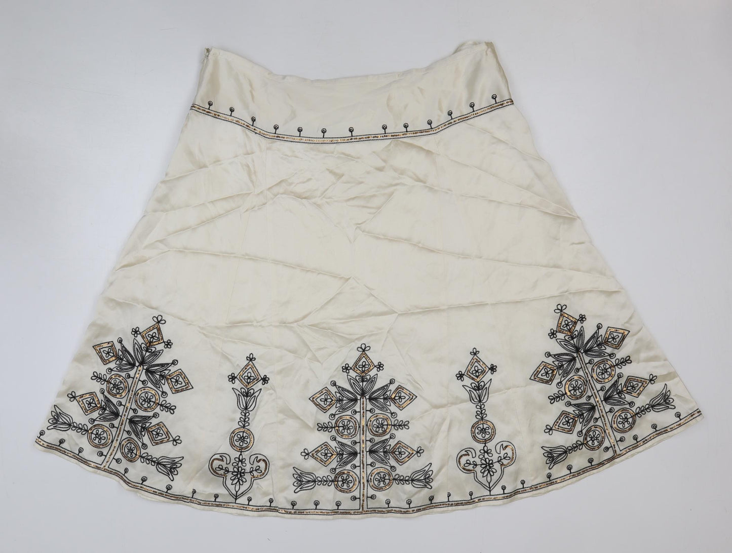Preworn Womens Beige Geometric Silk Flare Skirt Size 16 Zip