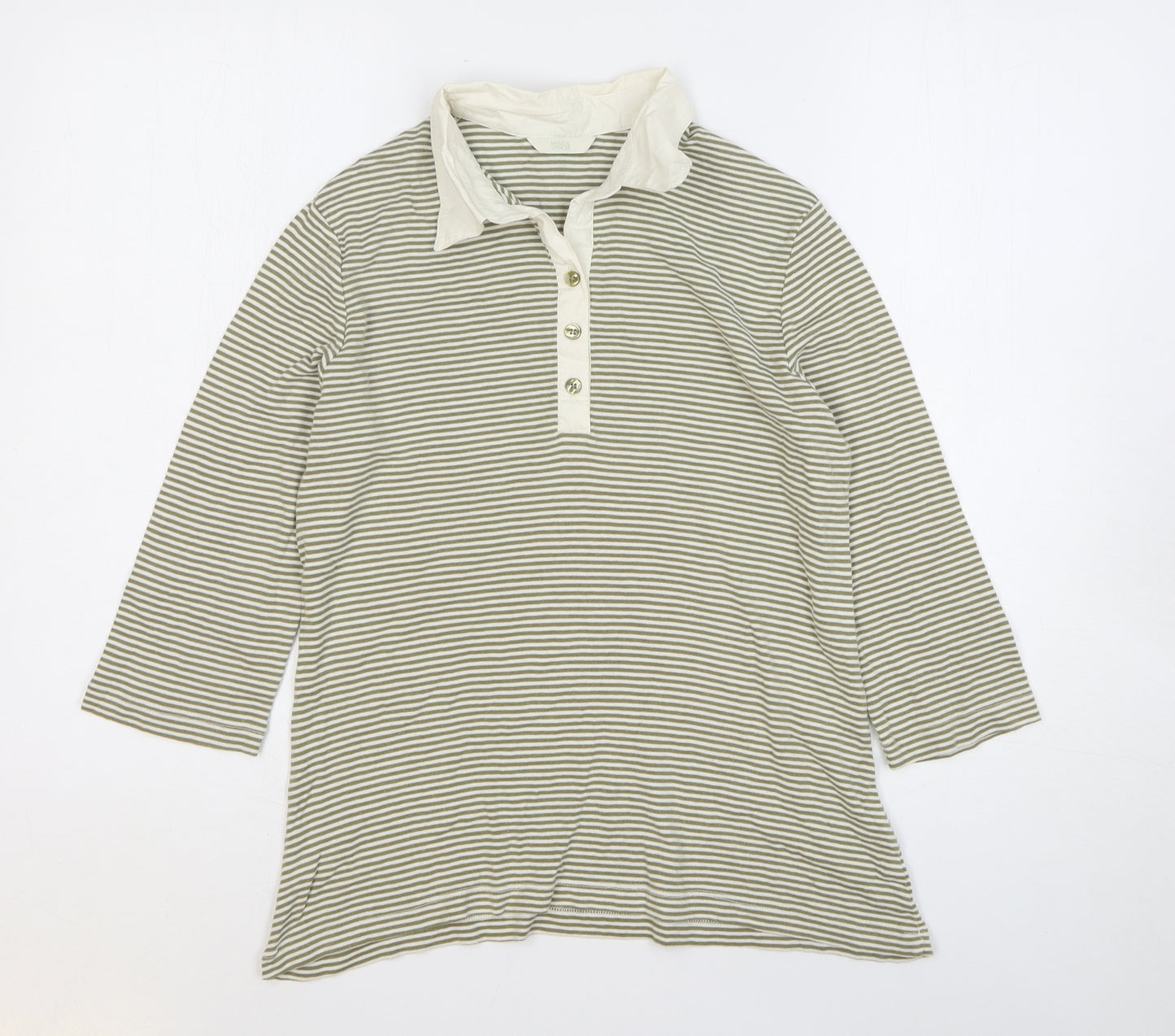 Marks and Spencer Womens Green Striped Cotton Basic Polo Size 14 Collared