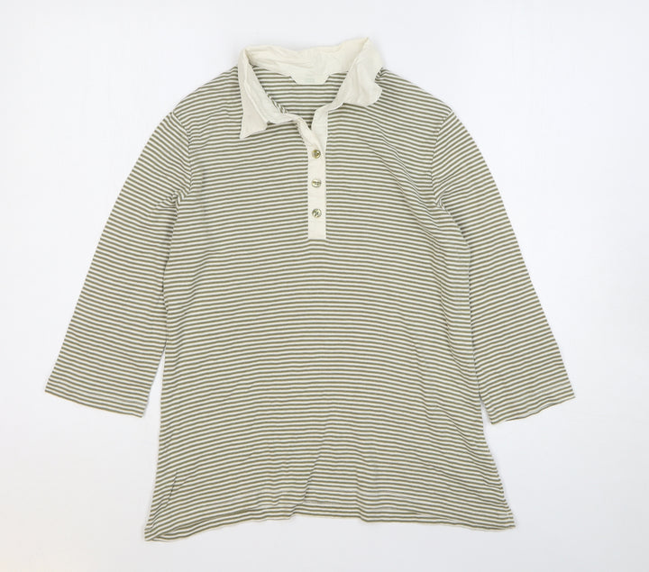 Marks and Spencer Womens Green Striped Cotton Basic Polo Size 14 Collared