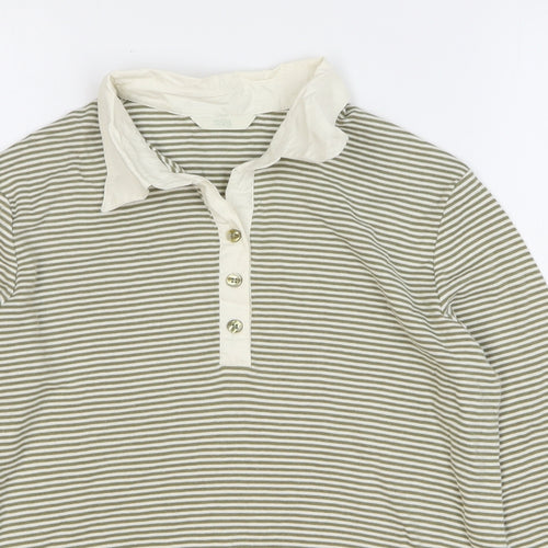 Marks and Spencer Womens Green Striped Cotton Basic Polo Size 14 Collared