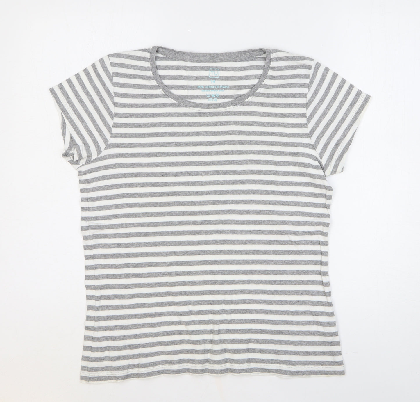 TU Womens Grey Striped Cotton Basic T-Shirt Size 14 Round Neck