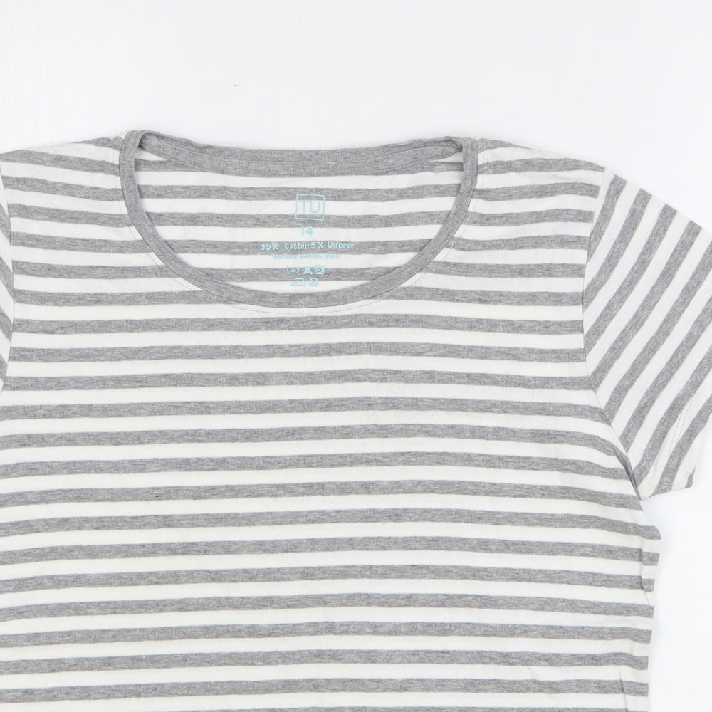 TU Womens Grey Striped Cotton Basic T-Shirt Size 14 Round Neck