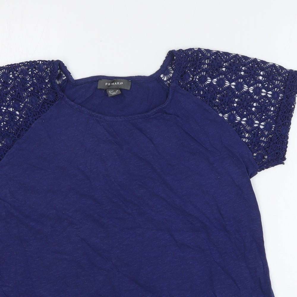 Primark Womens Blue Geometric 100% Cotton Basic Blouse Size 12 Round Neck