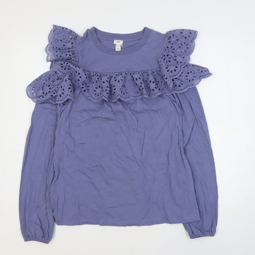 River Island Womens Blue Floral 100% Cotton Basic Blouse Size 8 Round Neck - Cold Shoulder