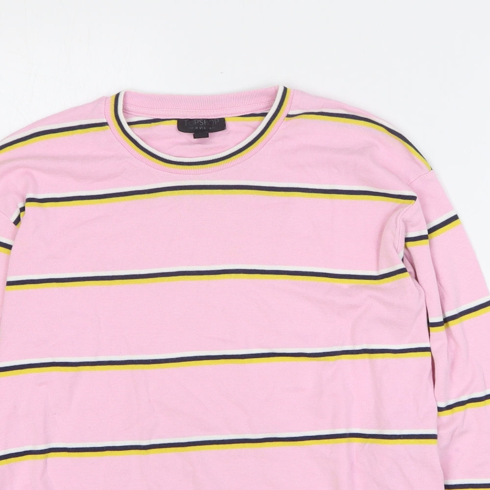 Topshop Womens Pink Striped 100% Cotton Basic T-Shirt Size 10 Round Neck