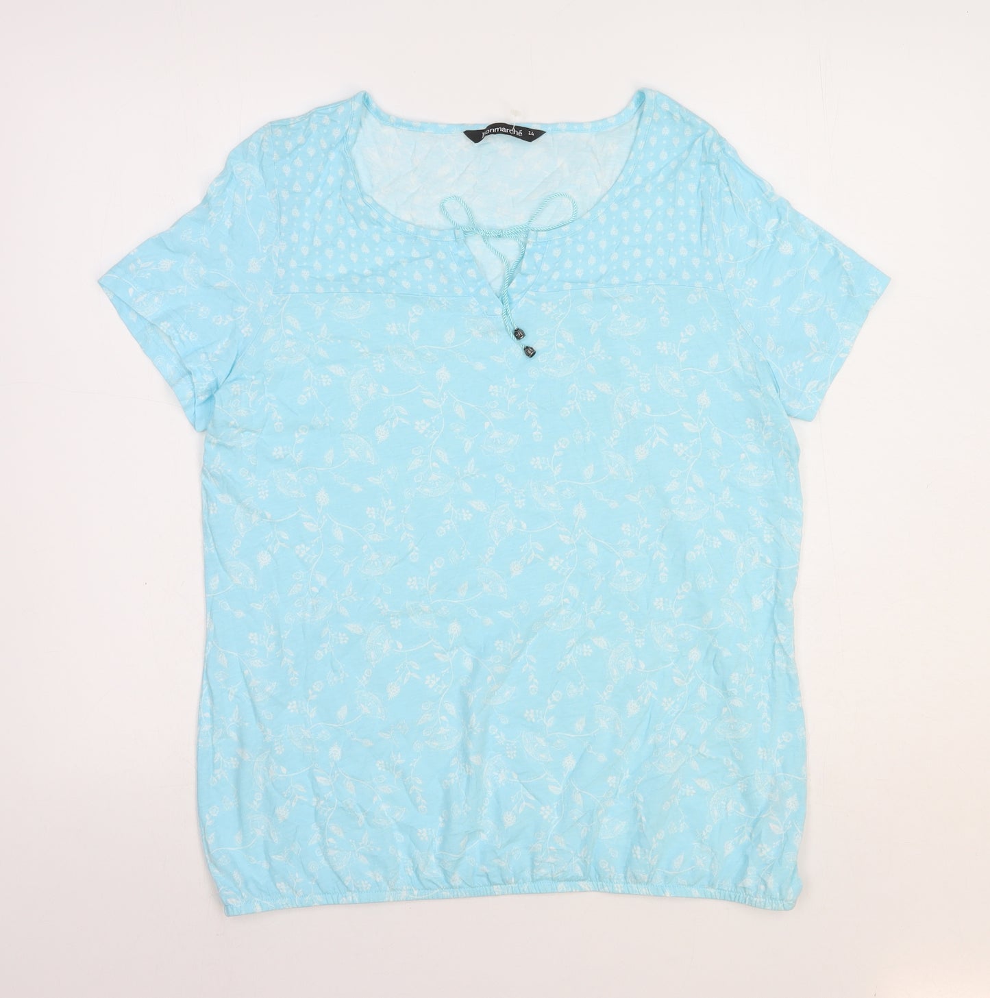 Bonmarché Womens Blue Floral Cotton Basic T-Shirt Size 14 Round Neck