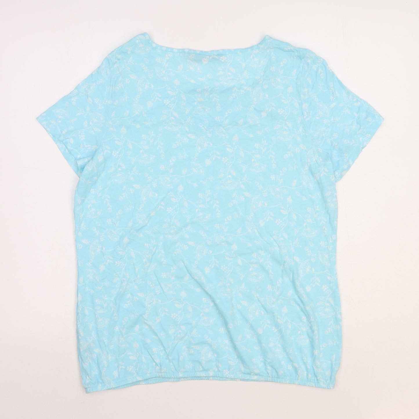 Bonmarché Womens Blue Floral Cotton Basic T-Shirt Size 14 Round Neck
