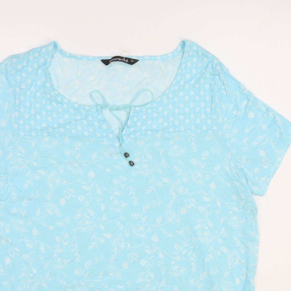 Bonmarché Womens Blue Floral Cotton Basic T-Shirt Size 14 Round Neck